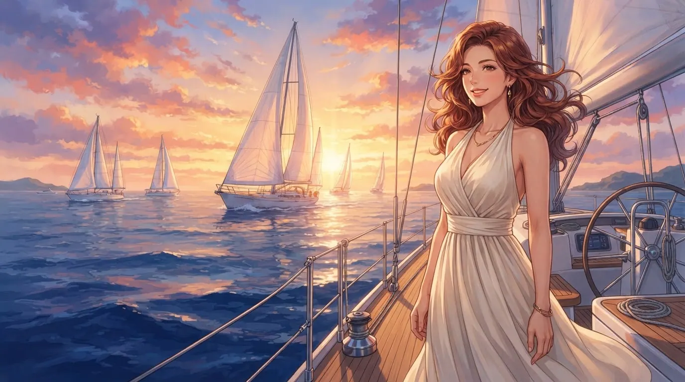 夕阳下，红棕发女子身着白色礼裙立于帆船上，远处白帆映着金色海面